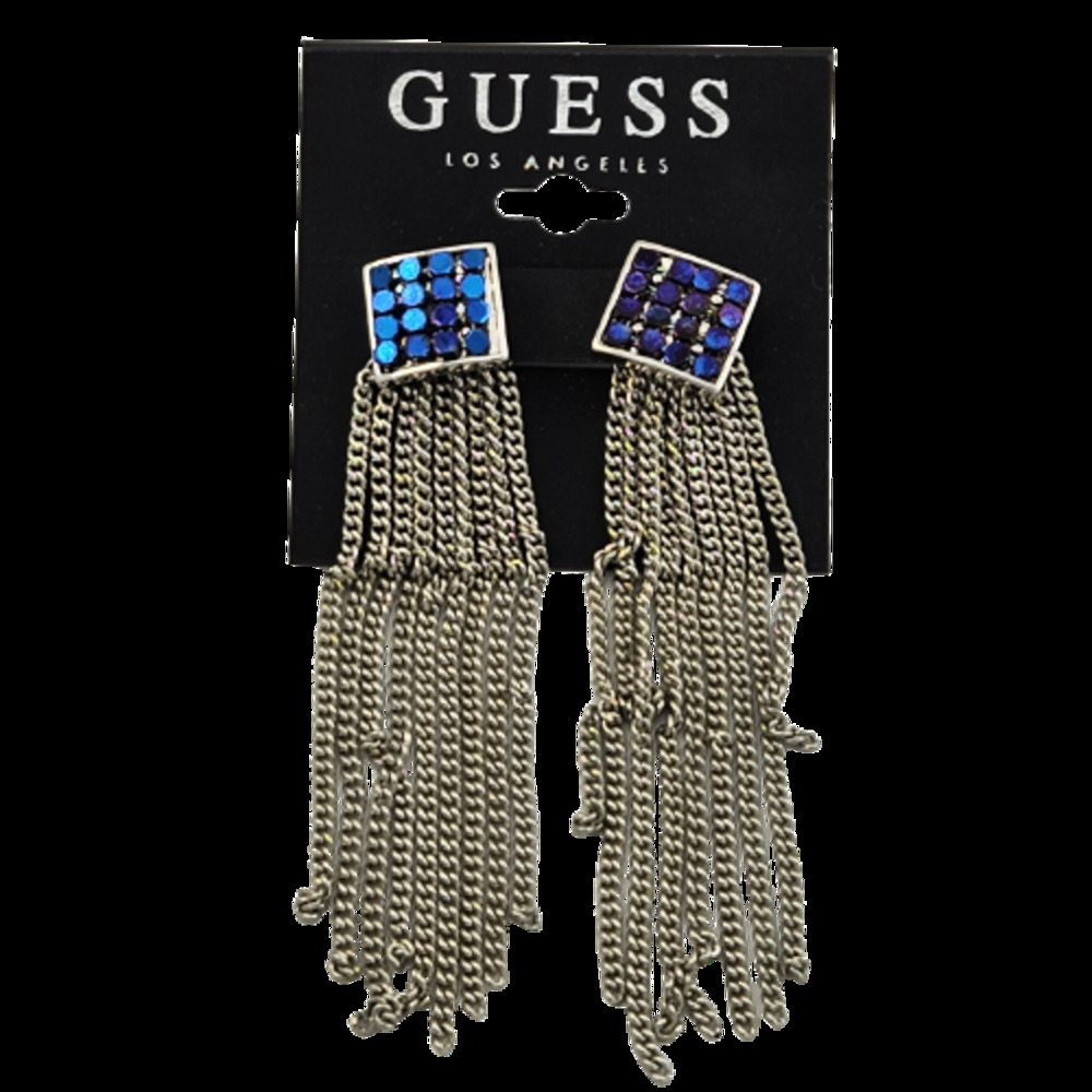 Guess Blue Rhinestone Detail and Chain Metal Dangle Earrings